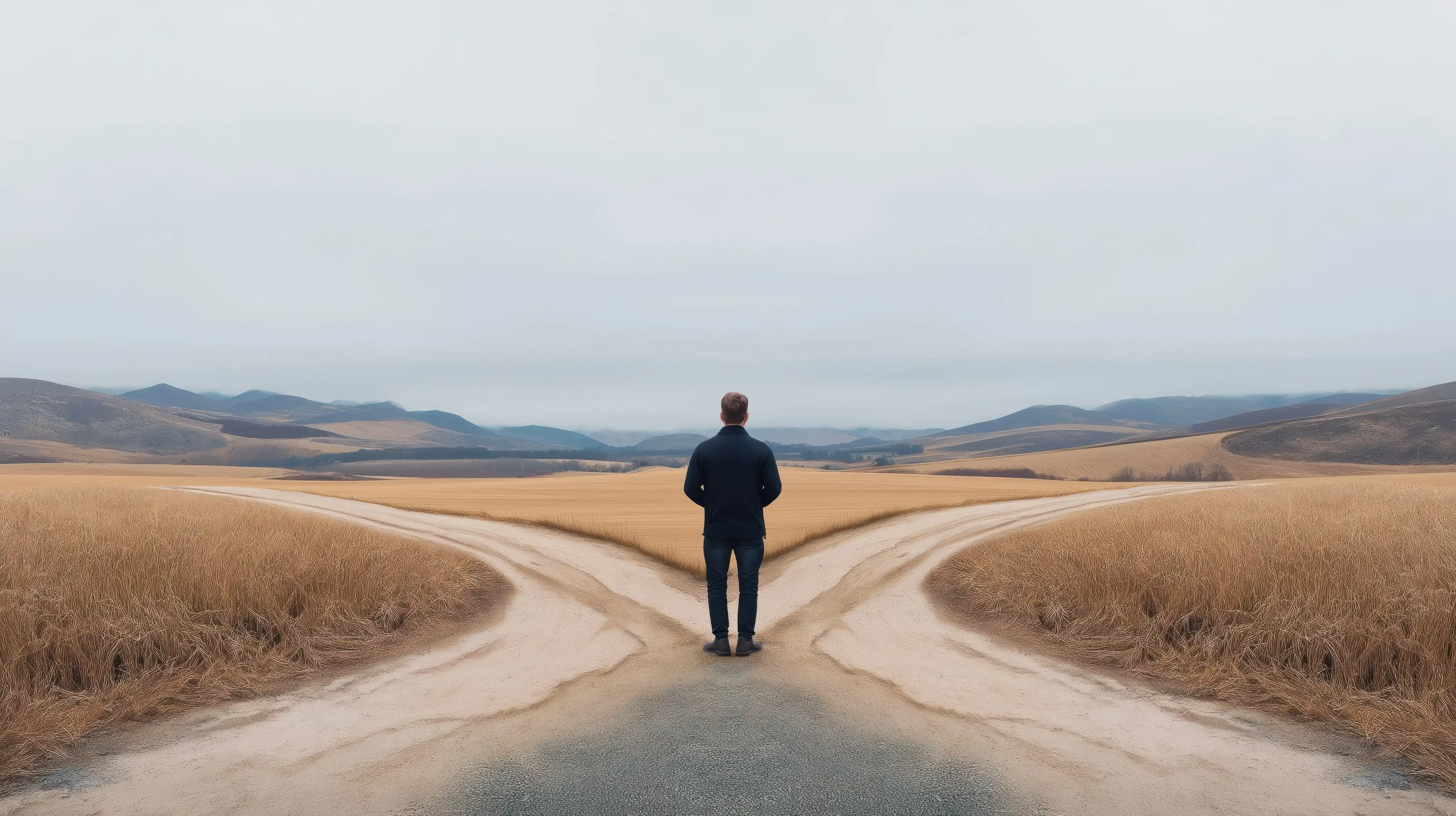 Confused professional at crossroads with multiple directional signs